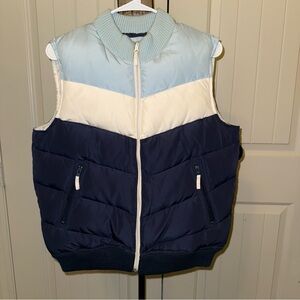 NWT Vintage LG Puffer Vest Jacket Coat Down Filled Blue White Stripe Route 66